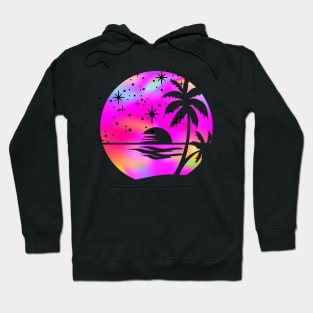 Hot Pink Holographic Rainbow Palm Trees: Ocean Beach Scene Retro Vintage Sunset Aesthetic Hoodie